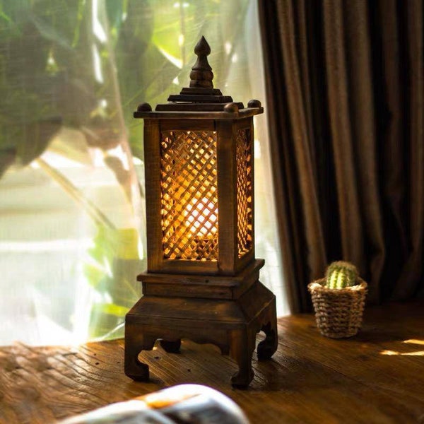 Vintage lamp bamboo and teak wood table  wicker basketry  contemporary art natural shade handmade thai  origin diy decorative