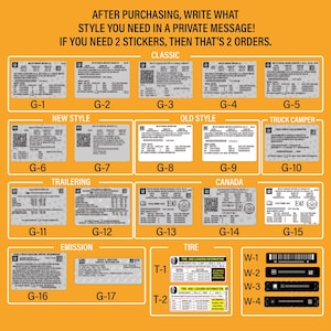 May include: A chart with 17 different styles of General Motors vehicle information stickers. The stickers are labeled with letters and numbers, such as G-1, G-2, G-3, and so on. The chart is on a yellow background.