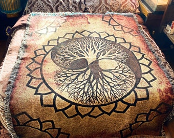 Woven Yin Yang Blanket | Rustic Mandala Tapestry | Tree Of Life Blanket For Her | Hippie Gift Blanket | Spiritual Home Decor