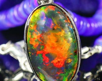 Black Fire Opal Charm Pendant Necklace: Sterling Silver, October Birthstone.