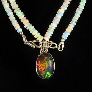 Natural fire opal oval cabochon charm pendant necklace, Vintage fire Rondell white opal beaded necklace, AAA Ethiopian opal necklace