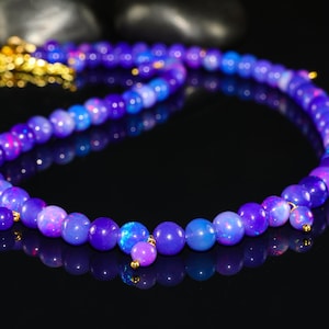 Natural fire lavender opal balls beaded necklace, Handmade jewelry, AAA Ethiopian opal beaded necklace, Smooth round opal balls necklace
