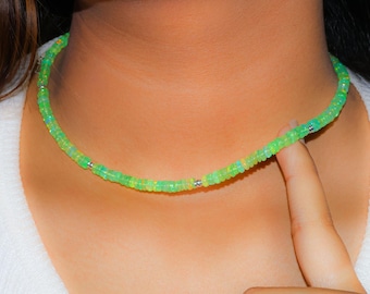 Collar de cuentas de ópalo de fuego verde natural: joyería de piedras preciosas Rondelle etíopes.