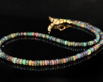 Natural fire Black opal beaded necklace for women, Vintage fire opal necklace, Real opal jewelry, AAA Ethiopian opal necklace, Gift for her