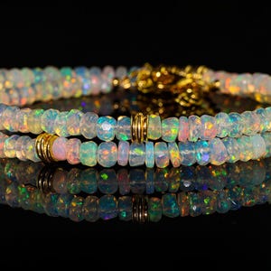 Natural fire Faceted opal beaded necklace for women, Vintage fire opal jewelry, AAA Ethiopian opal beaded necklace, 925 Sterling silver