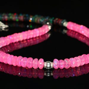 Natural fire faceted opal pink and white beaded necklace for women, Vintage fire opal jewelry, AAA Ethiopian opal beaded necklace for her