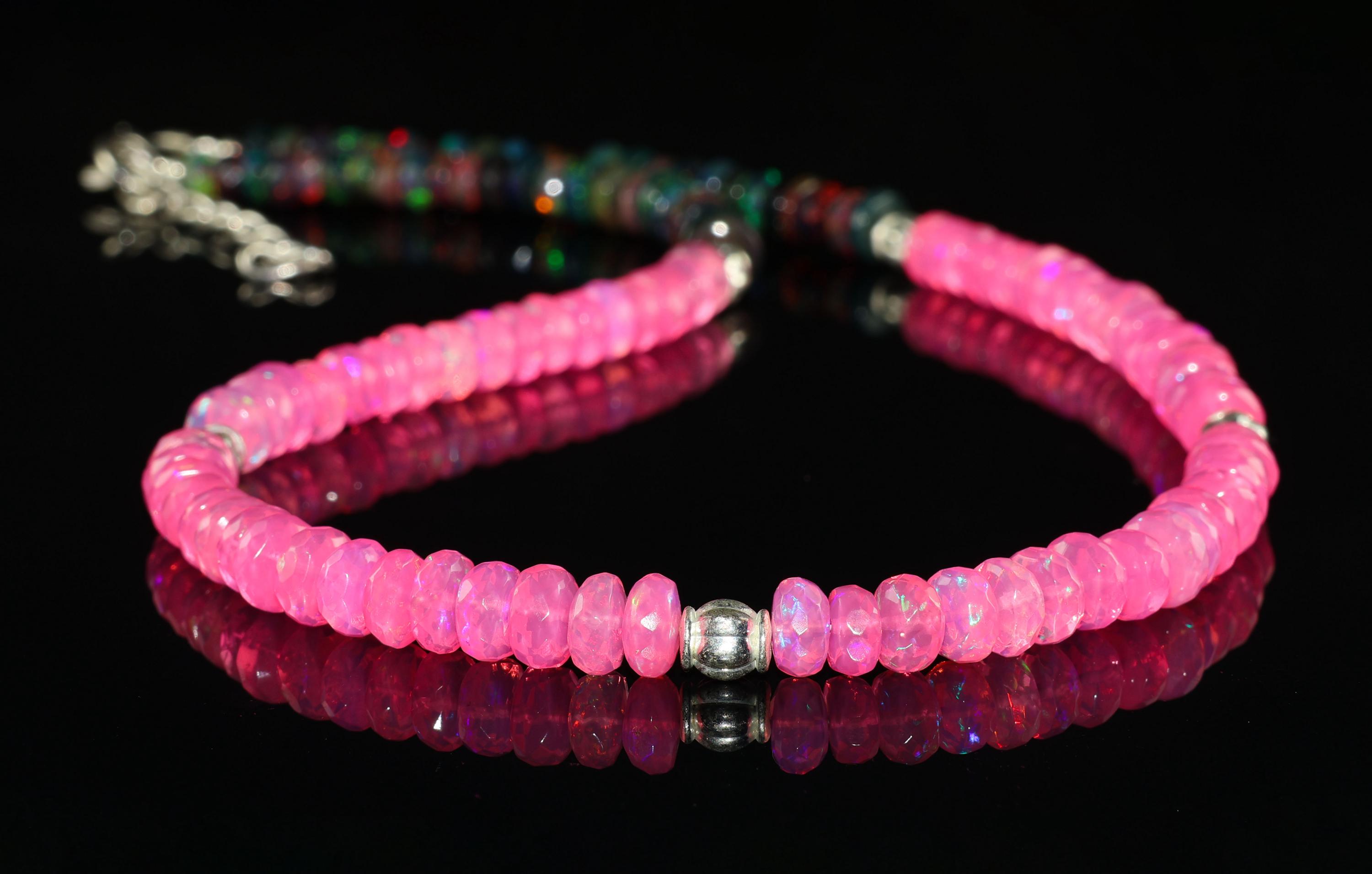 Natural fire faceted opal pink and white beaded necklace for women, Vintage fire opal jewelry, AAA Ethiopian opal beaded necklace for her