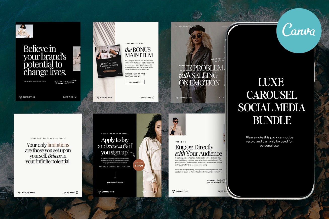 Luxe Canva Carousel Social Media Bundle Editable Aesthetic Minimal ...