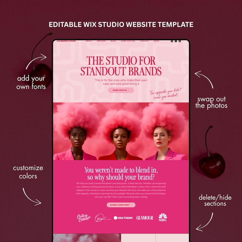 Op de afbeelding: Een roze en witte website template op een tablet. De tekst luidt "THE STUDIO FOR STANDOUT BRANDS". Functies zijn onder meer het toevoegen van lettertypen, het aanpassen van kleuren, het verwisselen van foto's en het verwijderen van secties. Kersen thema.