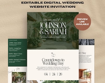 Puede incluir: Invitación digital para sitio web de boda con el texto "RSVP SAVE THE DATE" y "EDITABLE DIGITAL WEDDING WEBSITE INVITATION". La invitación incluye los nombres "JOHNSON & SARIAH" y detalles del evento. Es visible un botón "PREVIEW LINK AVAILABLE".