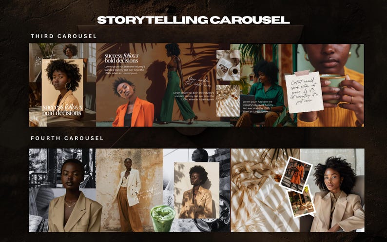 May include: A digital collage with the text "Storytelling Carousel" at the top. The image is divided into two sections, each with multiple images of women in various outfits, with text overlays. The images have a warm, neutral color palette.