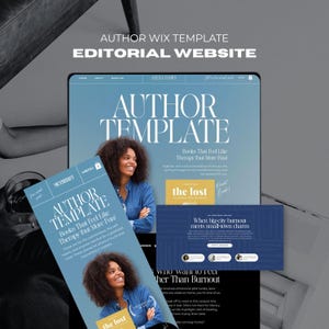 Könnte beinhalten: Ein digitaler Mockup einer Website und Werbematerialien. Die Website zeigt den Text "AUTHOR TEMPLATE" und "Books That Feel Like Therapy (but More Fun!" in einem hellblauen und weißen Farbschema. Die Werbematerialien zeigen auch denselben Text.