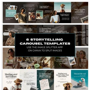 Puede incluir: Un conjunto de plantillas de marketing digital con una estética oscura. El diseño incluye imágenes de personas, superposiciones de texto y las palabras "6 Storytelling Carousel Templates". Las plantillas están diseñadas para la aplicación Canva.