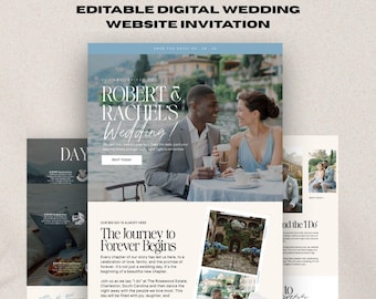 May include: Digital wedding website invitation. The design includes the text "RSVP SAVE THE DATE" and "EDITABLE DIGITAL WEDDING WEBSITE INVITATION". It features a photo of a couple and wedding details.