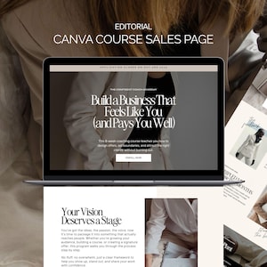 May include: A laptop displays a Canva course sales page with the headline "Build a Business That Feels Like You (and Pays You Well)". The page promotes an 8-week coaching course. The image also includes the text "Your Vision Deserves a Stage".