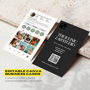 May include: A mockup of two business cards, one black and one white, with the text "THE ICONIC LAB STUDIO" and "EDITABLE CANVA BUSINESS CARDS". The cards are Instagram-styled and include a QR code and website address.