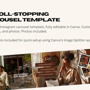 May include: A seamless Instagram carousel template with the text "SCROLL-STOPPING CAROUSEL TEMPLATE". The template is fully editable in Canva, allowing customization of colors, text, fonts, and photos. Instructions are included for quick setup.