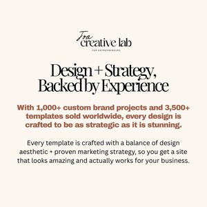 Op de afbeelding: Cr&egrave;mekleurige afbeelding met de tekst "Joa creative lab FOR ENTREPRENEURS" bovenaan. De tekst "Design + Strategy, Backed by Experience" staat in het midden. De afbeelding bevat ook tekst over merkprojecten en sjablonen.