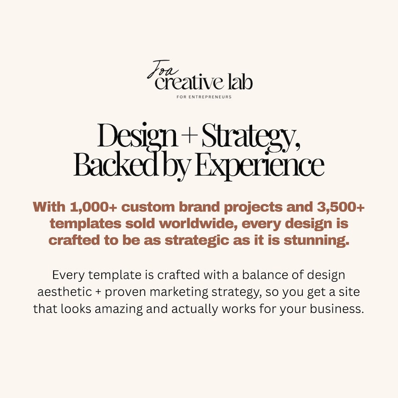 Op de afbeelding: Cr&egrave;mekleurige afbeelding met de tekst "Joa creative lab FOR ENTREPRENEURS" bovenaan. De tekst "Design + Strategy, Backed by Experience" staat in het midden. De afbeelding bevat ook tekst over merkprojecten en sjablonen.