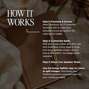 Puede incluir: Un cuaderno marr&oacute;n con el texto "HOW IT WORKS" e instrucciones para usar plantillas de Canva. Un bol&iacute;grafo dorado descansa sobre el cuaderno, con gafas de sol y una taza de caf&eacute; en el fondo.