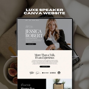 Puede incluir: Una pantalla de port&aacute;til muestra un dise&ntilde;o de sitio web con el texto "LUXE SPEAKER CANVA WEBSITE". El sitio web presenta una foto de una mujer y el texto "JESSICA ROBERT". Debajo, se lee "More Than a Talk. It's an Experience."