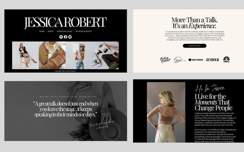 Professional speaker website design with about page, speaking topics, and testimonials