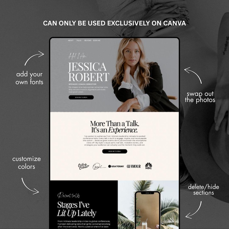 Editable Canva website template showcasing 9 sections for speakers and workshop hosts