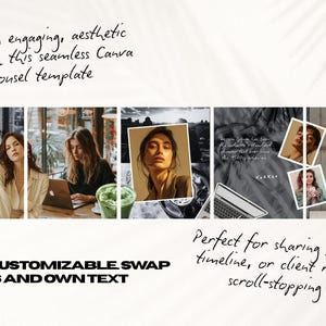Puede incluir: Una plantilla de carrusel de Canva con una serie de im&aacute;genes y texto. La plantilla presenta fotos y texto, con las palabras "A Recap of my week" visibles. Tambi&eacute;n se muestra el texto "FULLY CUSTOMIZABLE SWAP PHOTOS AND OWN TEXT".
