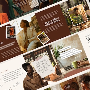 May include: A collage of digital design mockups with a brown and cream color scheme. The designs feature images of people, text overlays, and the phrases "success follows bold decisions" and "Your title right here". The overall theme is related to business and marketing.