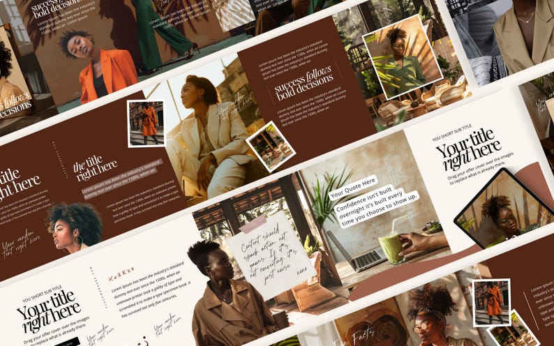 May include: A collage of digital design mockups with a brown and cream color scheme. The designs feature images of people, text overlays, and the phrases "success follows bold decisions" and "Your title right here". The overall theme is related to business and marketing.
