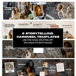 Könnte beinhalten: Ein Grafik mit mehreren Panels, die Text und Bilder enthält. Der Text lautet "6 Storytelling-Karussellvorlagen" und "Verwenden Sie die Image Splitter App auf Canva, um Bilder aufzuteilen." Die Panels zeigen Lifestyle-Fotos und Text.