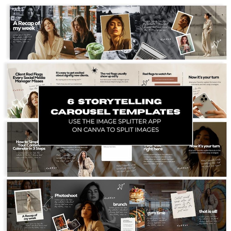Puede incluir: Un gr&aacute;fico de m&uacute;ltiples paneles con texto e im&aacute;genes. El texto dice "6 Plantillas de carrusel de narraci&oacute;n" y "Usa la aplicaci&oacute;n Image Splitter en Canva para dividir im&aacute;genes". Los paneles presentan fotos de estilo de vida y texto.