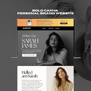 May include: A laptop screen shows a website design with the text "BOLD CANVA PERSONAL BRAND WEBSITE." The website features a photo of a woman, with the name "SARAH JAMES" prominently displayed. The design includes sections for "ABOUT," "CONNECT," and a call to action.