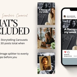 Puede incluir: Un anuncio de plantillas de carrusel de Instagram sin costuras. La imagen muestra un tel&eacute;fono inteligente que muestra una publicaci&oacute;n de carrusel con el texto "A Recap of my week". Se muestra el texto "WHAT'S INCLUDED", junto con detalles sobre las plantillas.