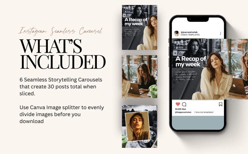 Puede incluir: Un anuncio de plantillas de carrusel de Instagram sin costuras. La imagen muestra un tel&eacute;fono inteligente que muestra una publicaci&oacute;n de carrusel con el texto "A Recap of my week". Se muestra el texto "WHAT'S INCLUDED", junto con detalles sobre las plantillas.