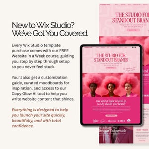 Op de afbeelding: Een digitale tablet toont een website-ontwerp in roze en wit. De titel van de website is "The Studio for Standout Brands". Tekst links zegt "New to Wix Studio? We've Got You Covered." De afbeelding promoot website-ontwerpdiensten.