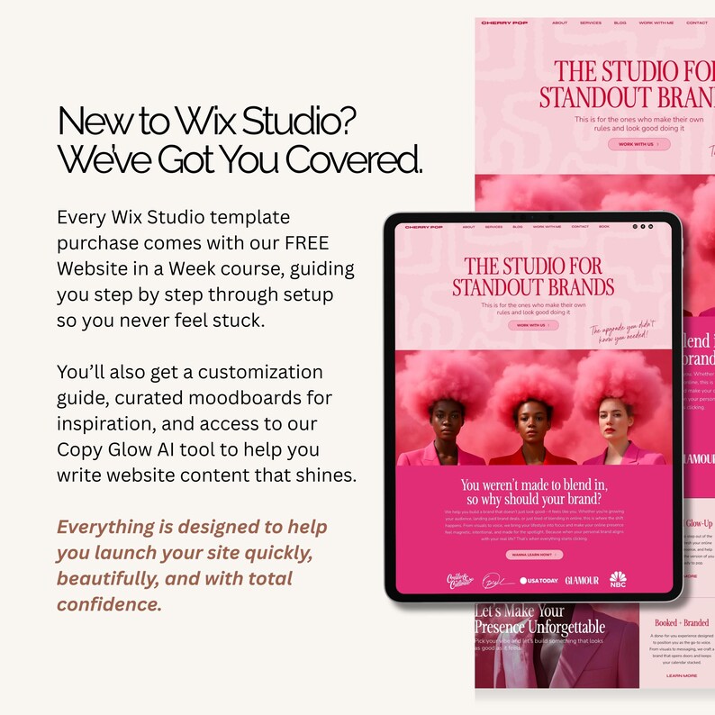 Op de afbeelding: Een digitale tablet toont een website-ontwerp in roze en wit. De titel van de website is "The Studio for Standout Brands". Tekst links zegt "New to Wix Studio? We've Got You Covered." De afbeelding promoot website-ontwerpdiensten.