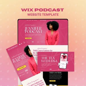 Może przedstawiać: Szablon strony internetowej podcastu Wix w różowo-białej kolorystyce. Projekt przedstawia kobietę w różowej marynarce, tytuły podcastów i tekst "Wix Podcast Website Template". Zawiera również makietę telefonu i układy stron internetowych.