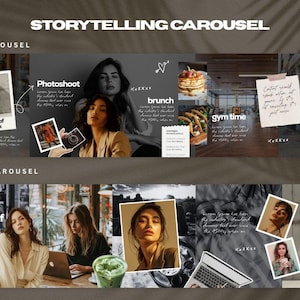 Puede incluir: Un collage digital con el texto "STORYTELLING CAROUSEL" en la parte superior. La imagen est&aacute; dividida en secciones con las palabras "Photoshoot", "brunch", "gym time" y "that is all!". Tambi&eacute;n est&aacute;n presentes las palabras "A Recap of my week".