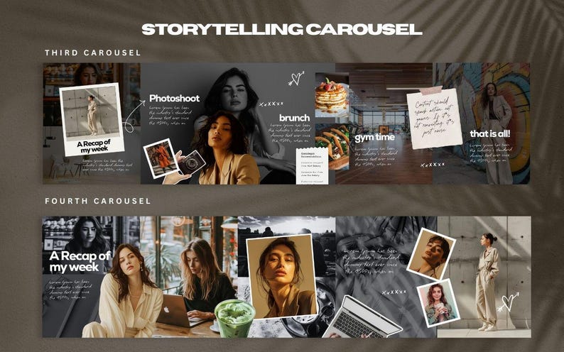 Puede incluir: Un collage digital con el texto "STORYTELLING CAROUSEL" en la parte superior. La imagen est&aacute; dividida en secciones con las palabras "Photoshoot", "brunch", "gym time" y "that is all!". Tambi&eacute;n est&aacute;n presentes las palabras "A Recap of my week".