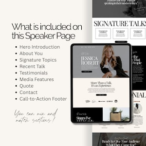 Puede incluir: Dise&ntilde;o de p&aacute;gina de orador digital en una tableta, con retrato de mujer y texto. La p&aacute;gina incluye secciones para Introducci&oacute;n del h&eacute;roe, Acerca de ti, Temas de firma, Charla reciente, Testimonios, Caracter&iacute;sticas de los medios, Cita, Contacto y Pie de p&aacute;gina.