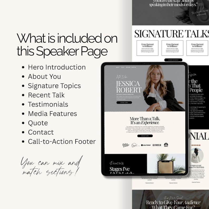 Puede incluir: Dise&ntilde;o de p&aacute;gina de orador digital en una tableta, con retrato de mujer y texto. La p&aacute;gina incluye secciones para Introducci&oacute;n del h&eacute;roe, Acerca de ti, Temas de firma, Charla reciente, Testimonios, Caracter&iacute;sticas de los medios, Cita, Contacto y Pie de p&aacute;gina.