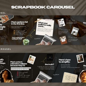 Puede incluir: Un dise&ntilde;o de carrusel de &aacute;lbum de recortes con texto e im&aacute;genes. La secci&oacute;n superior se titula "One Carousel" e incluye el texto "How to Write Captions People Actually Read". La secci&oacute;n inferior se titula "Second Carousel" e incluye el texto "How to Simplify Your Content Calendar in 3 Steps."
