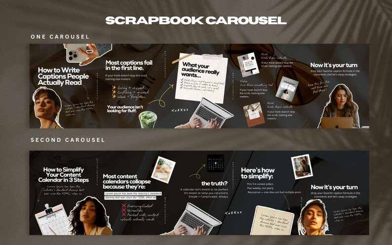 Puede incluir: Un dise&ntilde;o de carrusel de &aacute;lbum de recortes con texto e im&aacute;genes. La secci&oacute;n superior se titula "One Carousel" e incluye el texto "How to Write Captions People Actually Read". La secci&oacute;n inferior se titula "Second Carousel" e incluye el texto "How to Simplify Your Content Calendar in 3 Steps."