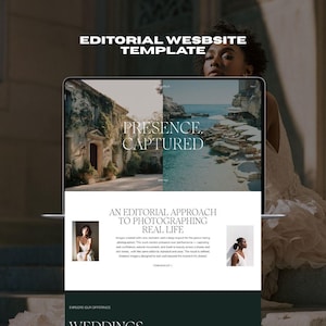 以下が含まれることがあります： ラップトップには、「EDITORIAL WEBSITE TEMPLATE」というテキストが表示されたウェブサイトのテンプレートが表示されています。画面には「PRESENCE. CAPTURED」と「AN EDITORIAL APPROACH TO PHOTOGRAPHING REAL LIFE」が表示されています。ウェブサイトには画像とテキストが含まれています。
