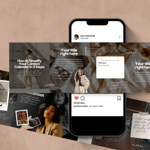 Puede incluir: Un tel&eacute;fono inteligente muestra un carrusel de consejos para la creaci&oacute;n de contenido y una publicaci&oacute;n en redes sociales. El carrusel incluye texto como "How to Simplify Your Content Calendar in 3 Steps" y "Your title right here."