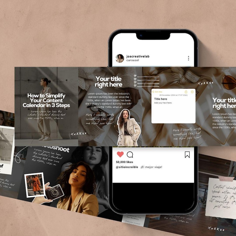Puede incluir: Un tel&eacute;fono inteligente muestra un carrusel de consejos para la creaci&oacute;n de contenido y una publicaci&oacute;n en redes sociales. El carrusel incluye texto como "How to Simplify Your Content Calendar in 3 Steps" y "Your title right here."