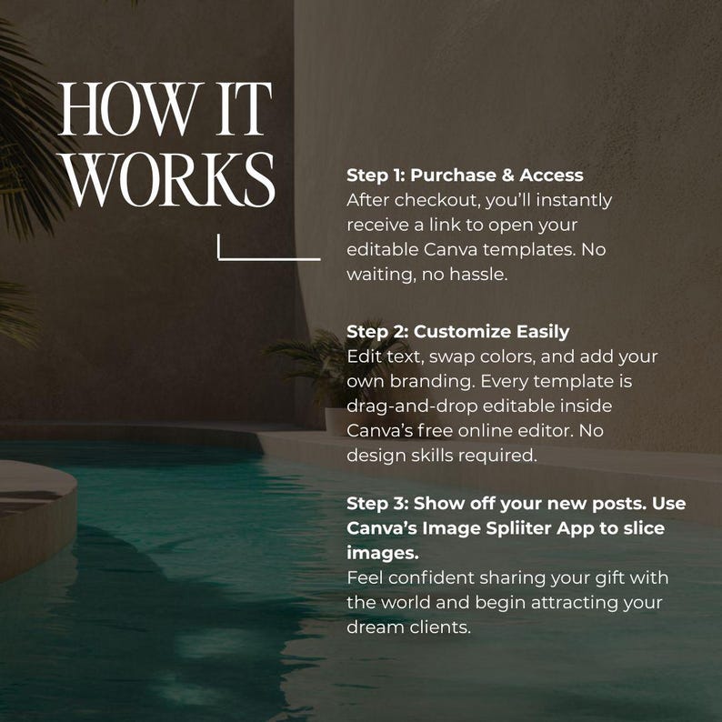Puede incluir: Imagen con texto: "HOW IT WORKS" e instrucciones para usar plantillas de Canva. Los pasos incluyen la compra, personalizaci&oacute;n y compartir. El fondo presenta una piscina y palmeras, creando una est&eacute;tica relajante.