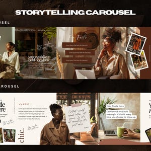 May include: A digital marketing carousel design with the text "Storytelling Carousel". The design features images of a woman in various settings, with text overlays including "Hi, I am Alexa" and "Your title right here".