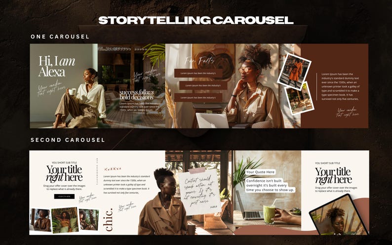 May include: A digital marketing carousel design with the text "Storytelling Carousel". The design features images of a woman in various settings, with text overlays including "Hi, I am Alexa" and "Your title right here".